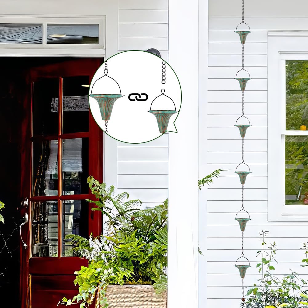 10 Ft Rain Chains for Gutters, Metal Rain Catcher Chain for Eaves Drainage, Rain Gutter Chains with 10 Green Funnel Cups, Adjustable Rain Chain for Outdoor Decor