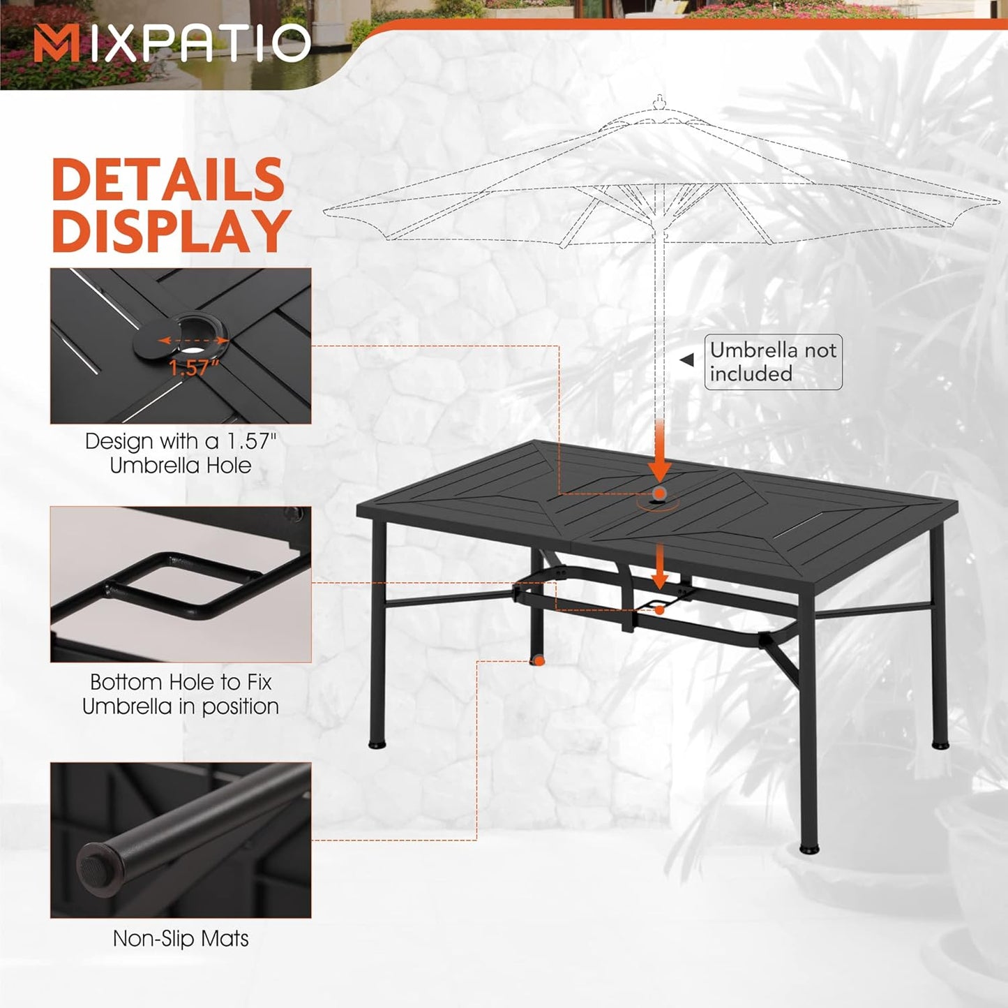 Outdoor Patio Dining Table for 6, 64" x 39" Rectangular Metal Patio Dining Table with Umbrella Hole for Garden, Backyard and Porch