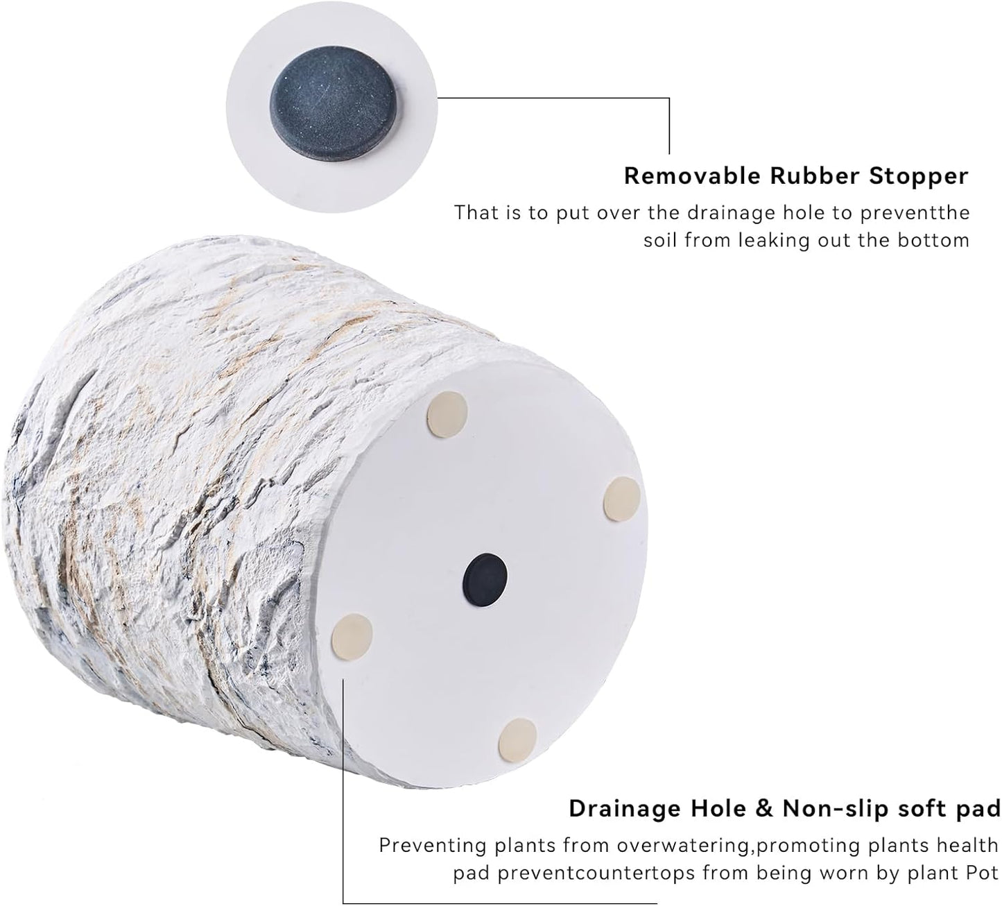 Ekirlin 7 Inch Natural Ore Textures Plant Pot, Resin Outdoor Planters with Drainage Hole, Removable Rubber Stopper and Non-Slip Soft Pad,Weatherproof Decorative Pot for Indoor/Garden Plants