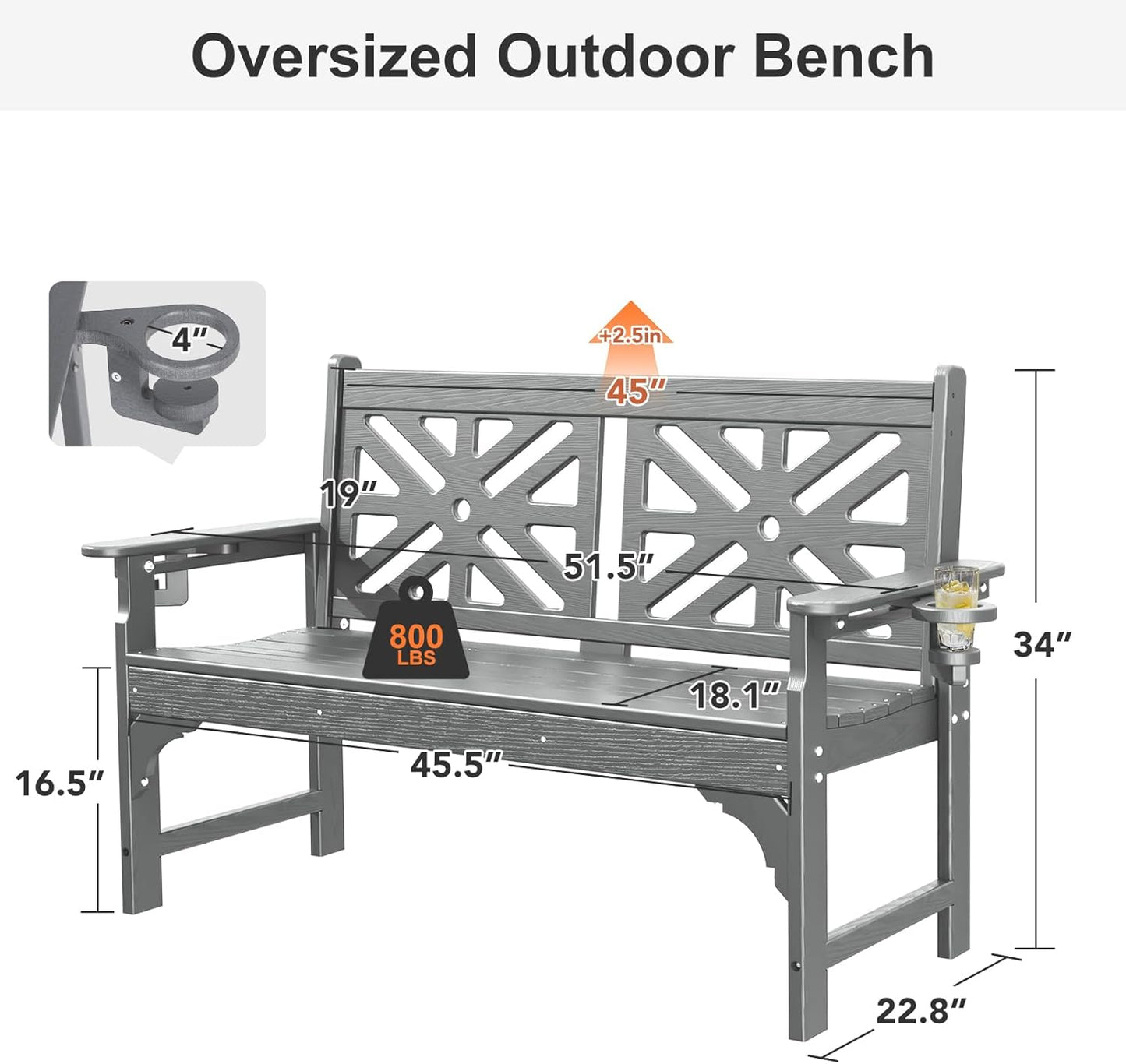 Oversized Outdoor Bench with Cup Holders, 51.5” HDPE Aesthetic Garden Bench for 2 Person, Memorial Benches - Easy Assembly & All Weather, for Porch & Patio, 800lbs Load Capacity (Grey, 1pc)