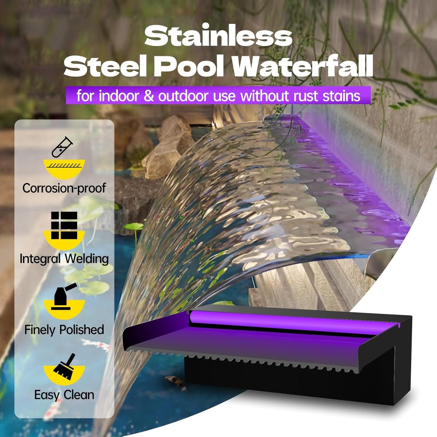 Pool Waterfall Spillway Stainless Steel Pond Fountain, APP Control Colorful LED Lighted Outdoor Black Fountains, Water Flow Spillways Kit for Koi Pond, Swimming Pool, Garden-23.6"x7.8"x3.9"