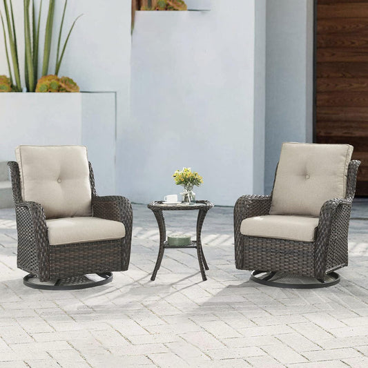 Outdoor Patio Swivel Rocker Chairs - 3 Piece Patio Bistro Set,Wicker Patio Furniture Set with 2 Swivel Rocking Chairs and 1 Glass Top Side Table for Deck Porch Garden,Brown/Beige