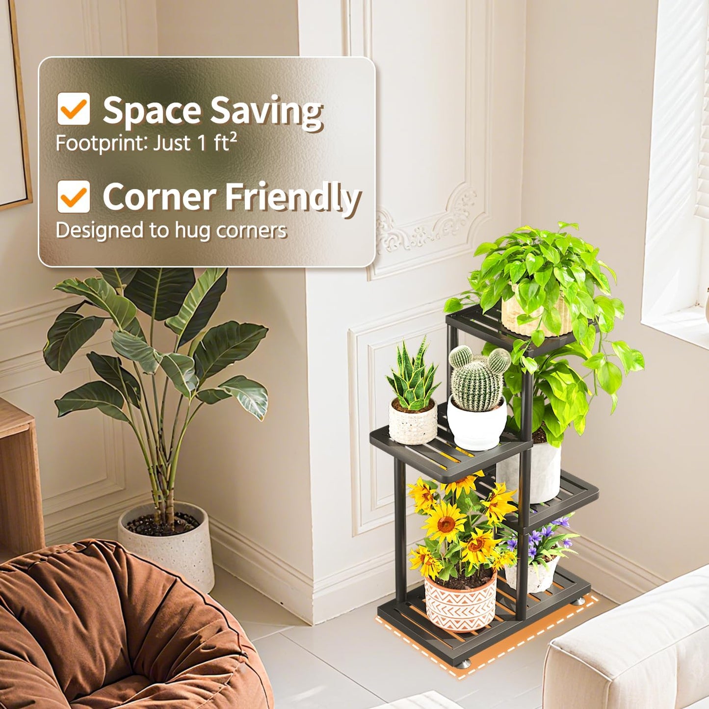 LASZOLA 3 Tier Plant Stand Indoors Outdoors for Large Heavy Duty Planter, Black Metal Tall Flower Holder Rack with Multiple Shelf for Modern Patio Corner, Vertical Organizer, Weather Resistant Bracket