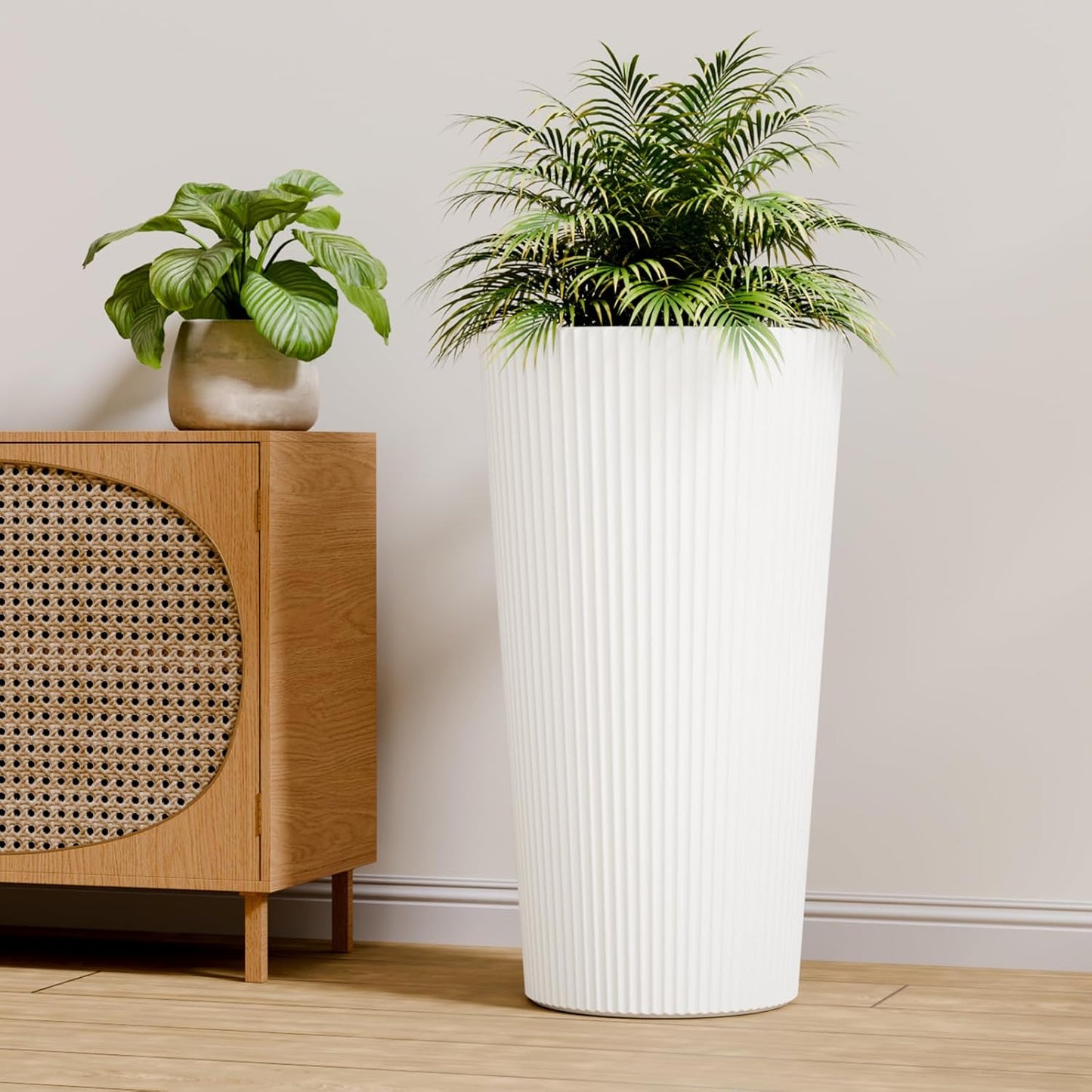 23.6" Tall Outdoor Planters, Set of 2 Large Plastic Flower Pots for Indoor & Outdoor Use, Modern Striped Decorative Garden Planters with Drainage Holes for Patio, Porch, Balcony, White