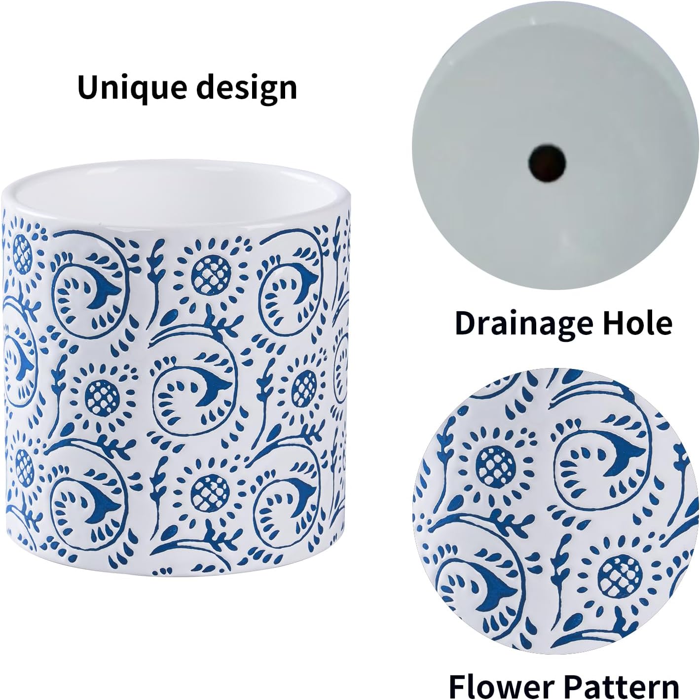 Ceramic Plant Pot for Indoor Plants, 4.7 Inch Blue & White Floral Porcelain Ceramic Decorative Flower Pot with Drainage Holes, Modern Planter for Home & Office Decor