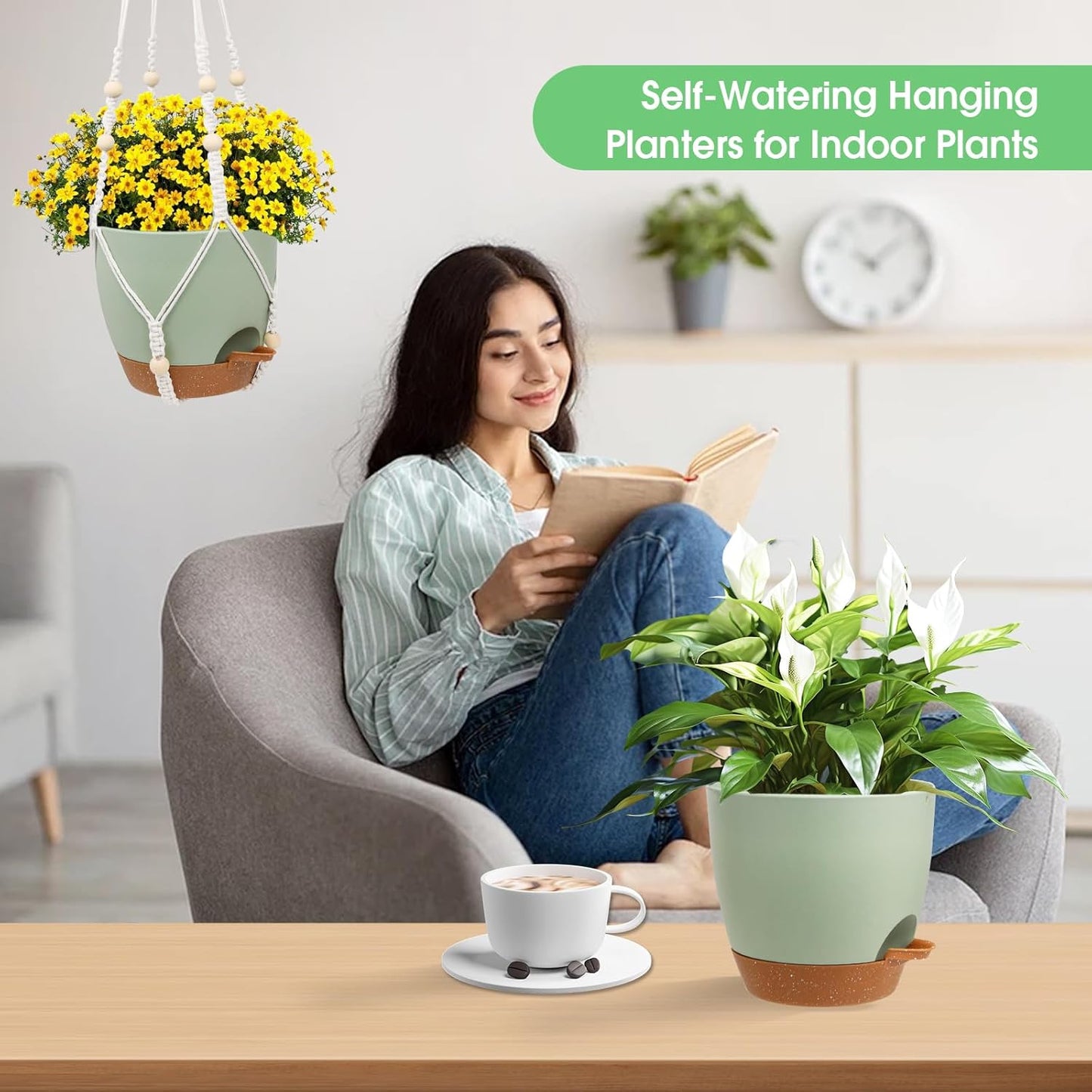 Hanging Planters for Indoor Outdoor Plants, 2 Pack Self Watering Hanging Pot with Drainage Holes, Removable Tray & 2 Kinds of Plant Hangers, 8'' Hanging Flower Pots for Home Garden Decor, Green