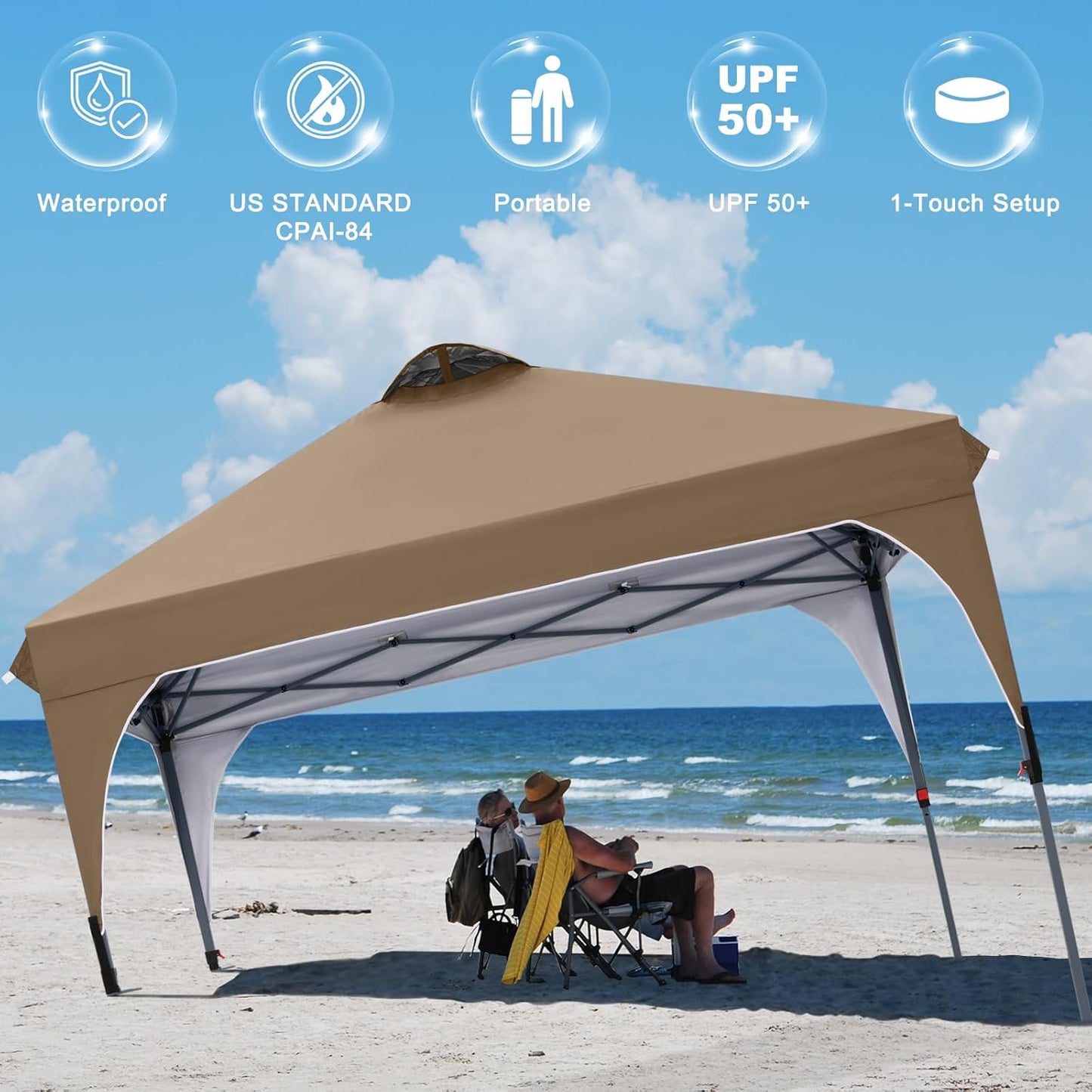 COOSHADE Pop Up Canopy Tent, 10x10 Easy Setup Instant Canopy Sun Shelter Beach Tent, Portable Sports, Khaki