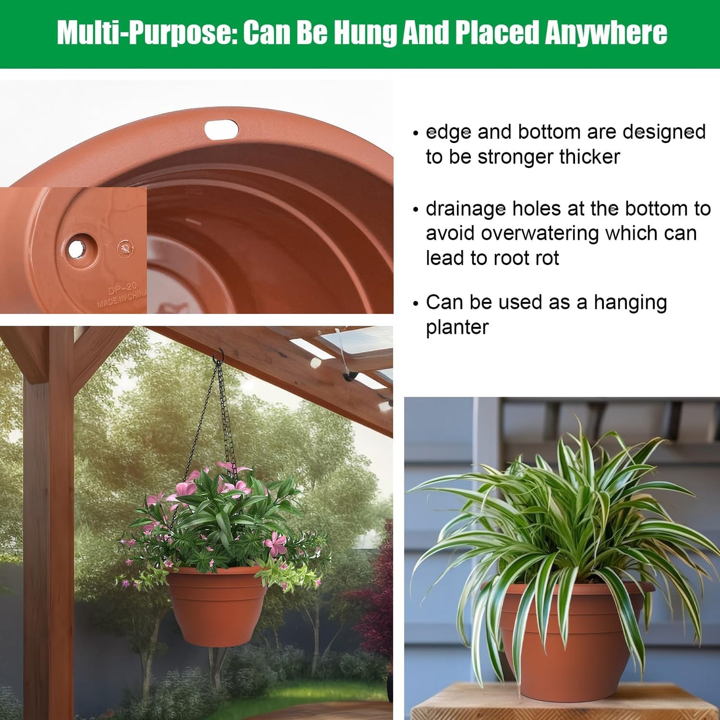 Plant Pots Set of 5, 10" Outside Diameter Flower Pots, 8.5" Inner Diameter Plant Planters with Drainage Hole, Durable Garden Pots Perfect for Indoor & Outdoor Plant Planting, Decor(Pottery Red)