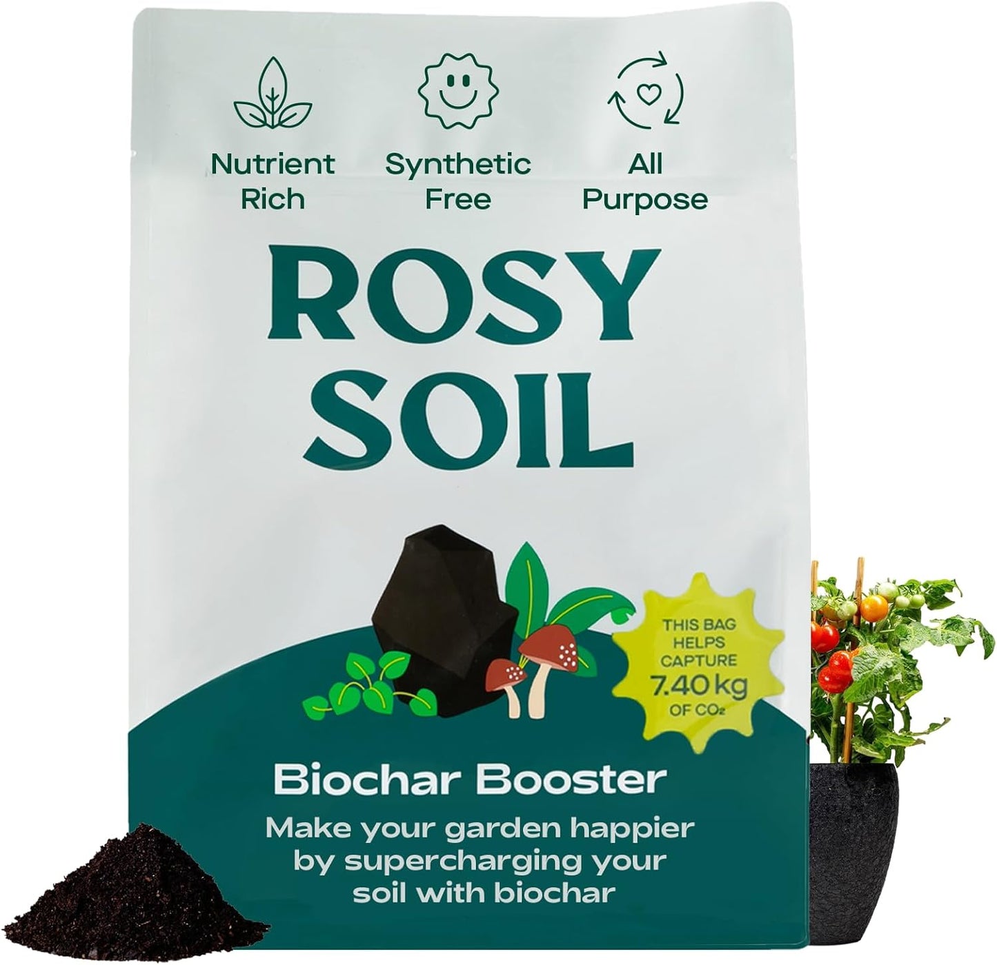 Rosy Soil Biochar Booster - Biochar Soil Amendment for Flowers and Vegetable Gardens - Horticultural Charcoal for Outdoor and Indoor Plants - Biochar Supplement for Potting Soil & Potting Mixes - 8qt