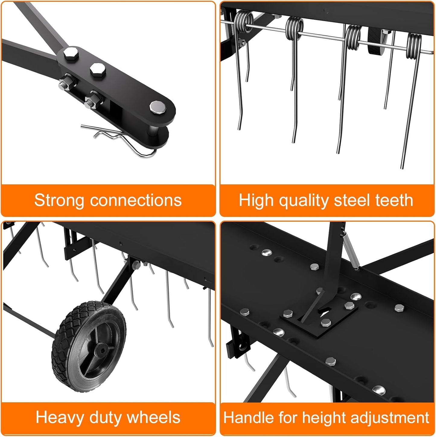 40" Tow Behind Lawn Dethatcher, Pull Behind Rake with 24 Rust-Proof Tines and Heavy Tires, Lawn Tractor Rake with Lift Handle, Black Tow Behind Rakes to Remove Thatch, Leaves from Large Lawn Area