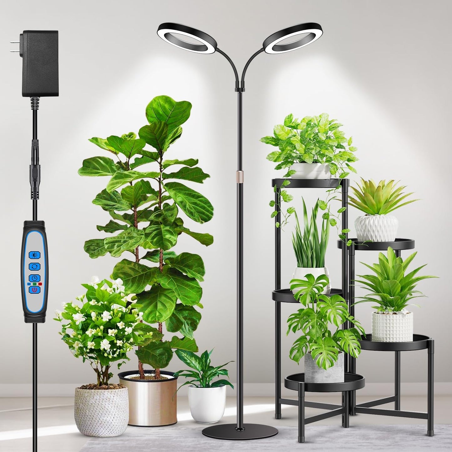 Large Plant Light for Indoor Plants, 2 Head Full Spectrum Grow Light with 68" Adjustable Stand for Growing Large Tall Plants, Black Halo Floor LED Grow Lamp with 16 Hour Timer