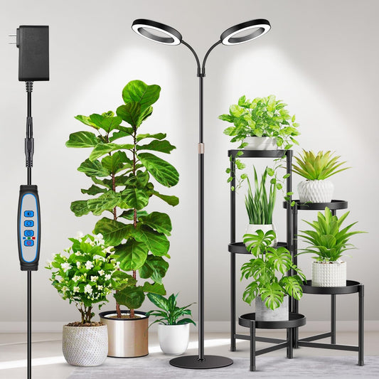 Large Plant Light for Indoor Plants, 2 Head Full Spectrum Grow Light with 68" Adjustable Stand for Growing Large Tall Plants, Black Halo Floor LED Grow Lamp with 16 Hour Timer