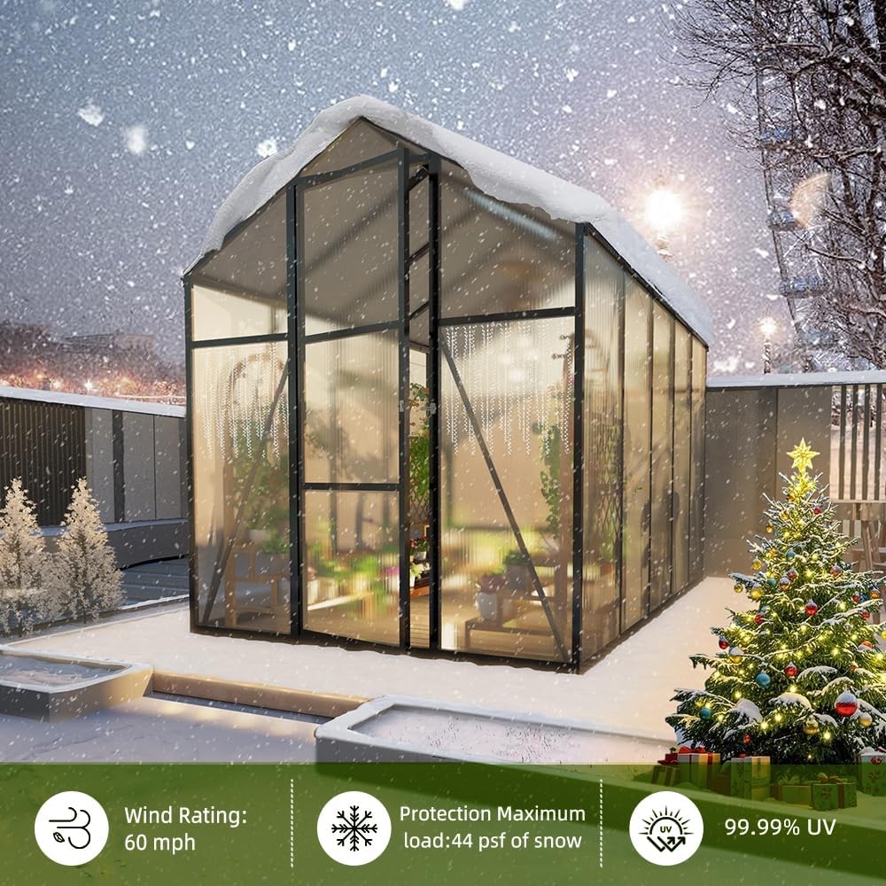 7.2FT High 6*10.2FT Greenhouse for Outdoors,Polycarbonate Greenhouse with Stronger Wind Protection and Roof Vent,Walk-in Large Aluminum Sunroom Winter Proof,Black