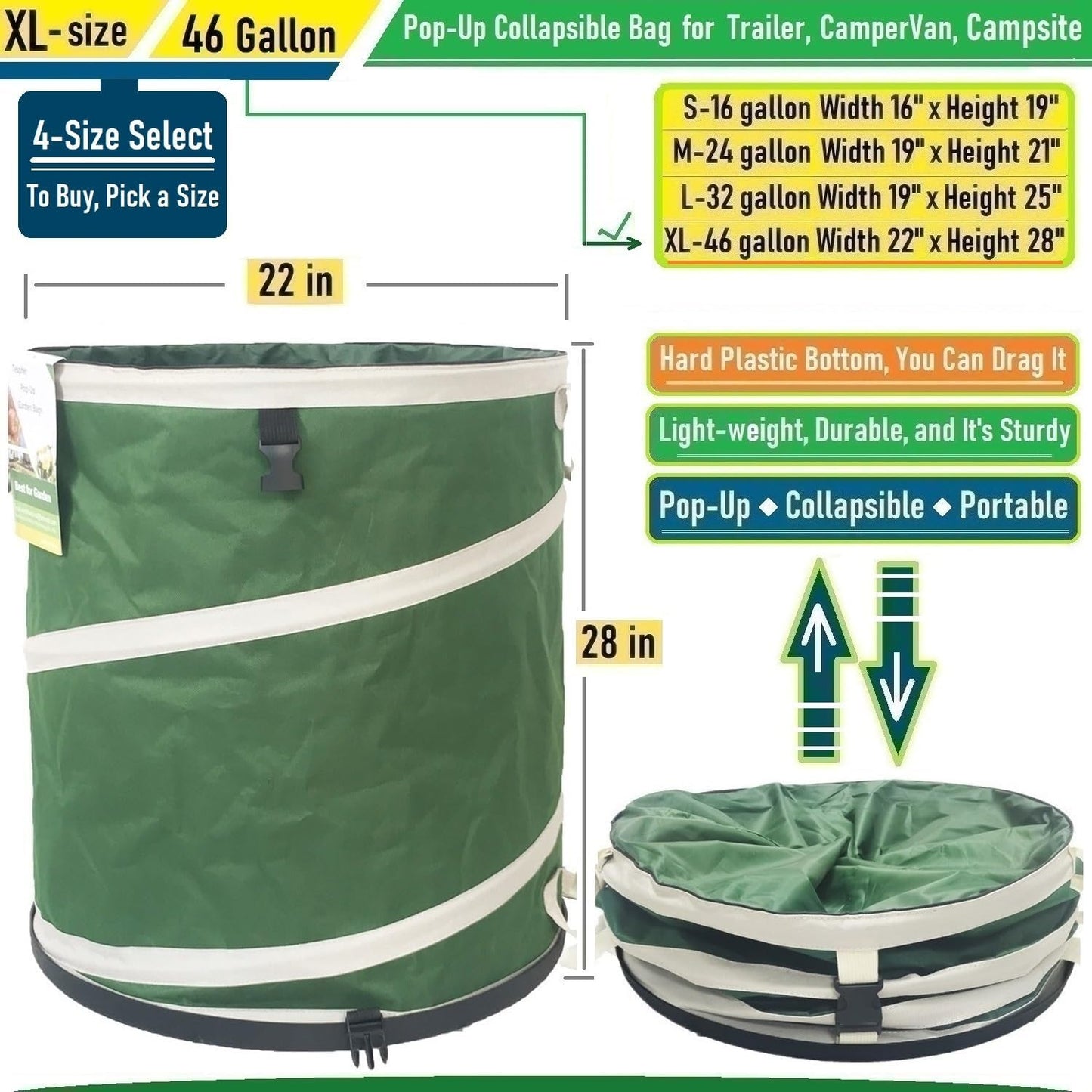 46-Gallon Collapsible Trash Can (22x28 in) Hard-Shell Bottom Yard Garden Bag for Yard Waste,Debris Container,Pop-Up Recycling Bin,Camping Waste Bag,Laundry Hamper,Lawn Grass,Leaf Bag,Sods,Weeds Barrel