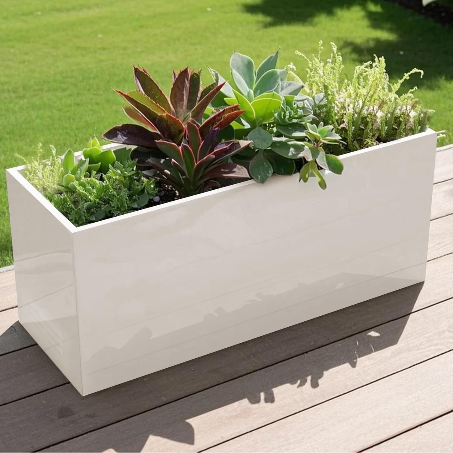 Worth Garden Metal Planter Box - 30" L x 11" W x 13" H Glossy White Heavy Duty Large Rectangular Steel Modern Plant Pot, Indoor Outdoor - Insert Plate with Drain Holes, Air Vents, No Assembly Required