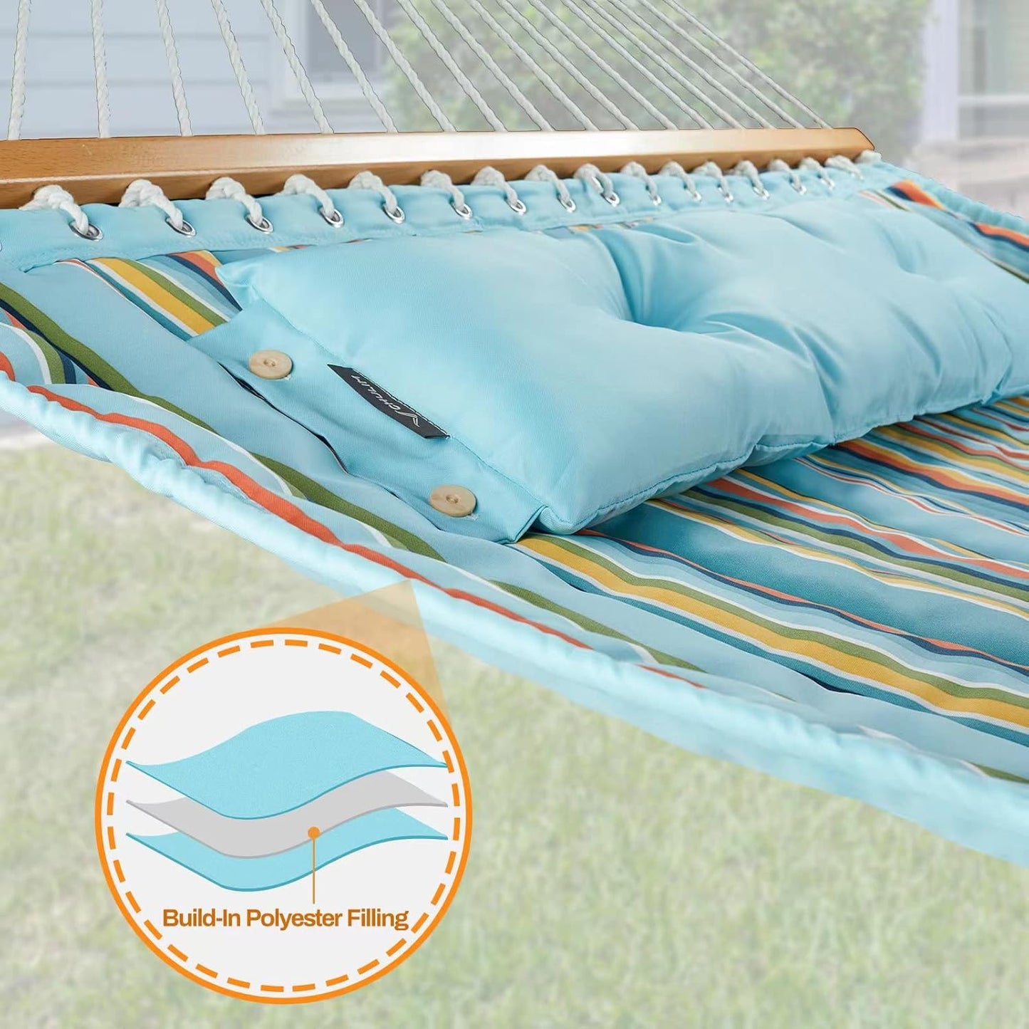 12 FT Double Quilted Fabric Hammock with Spreader Bars and Pillow 450 LBS Weight Capacity 2 Person Hammock for Outdoor Patio Backyard Poolside Blue Stripes