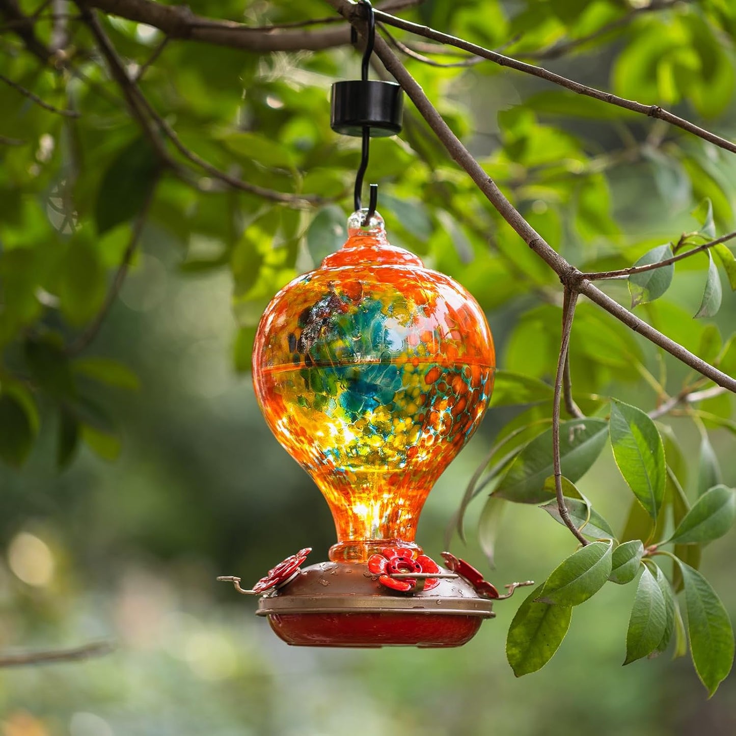 Hummingbird Feeders for Outdoors Hanging, 32OZ Hand Blown Glass Hummingbird Feeder for Outside, 4 Perch Ant Moat Leakproof, Garden Decor, Backyard Bird Gifts for Mom (Orange)
