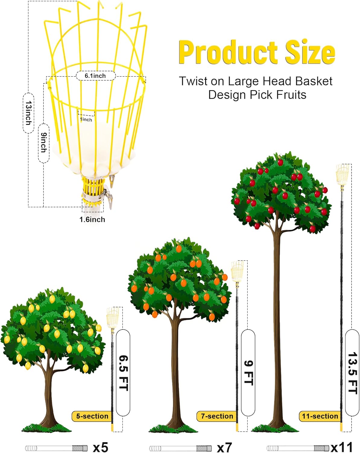13.5FT Fruit Picker, Apple Picker Tool with Adjustable Pole and Basket, Long Reach Mango Grabber Tool, Tree Fruit Catcher for Picking Lemon Pear Orange Avocado Peach Citrus