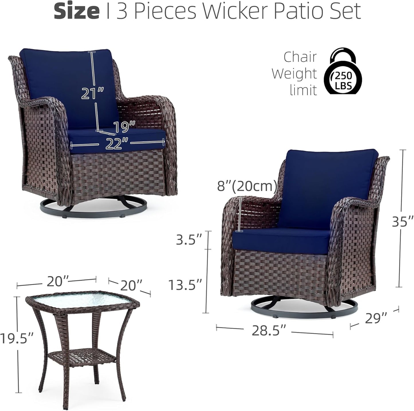 Towallmark Outdoor Swivel Wicker Glider Patio Chairs with Table Set, 3 Pieces Outdoor Bistro Set with 4”Thick Cushions and Coffee Table for Porch, Balcony, Deck (Blue)
