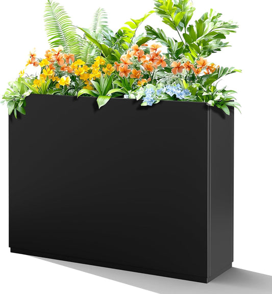 Rectangle Planter for Indoor & Outdoor, Tall and Long Planter Boxes with Drainage Holes, Mental Divider Planter Box All-Weather Use for Plants, Flowers, 35" L x 9" W x 26" H, Black