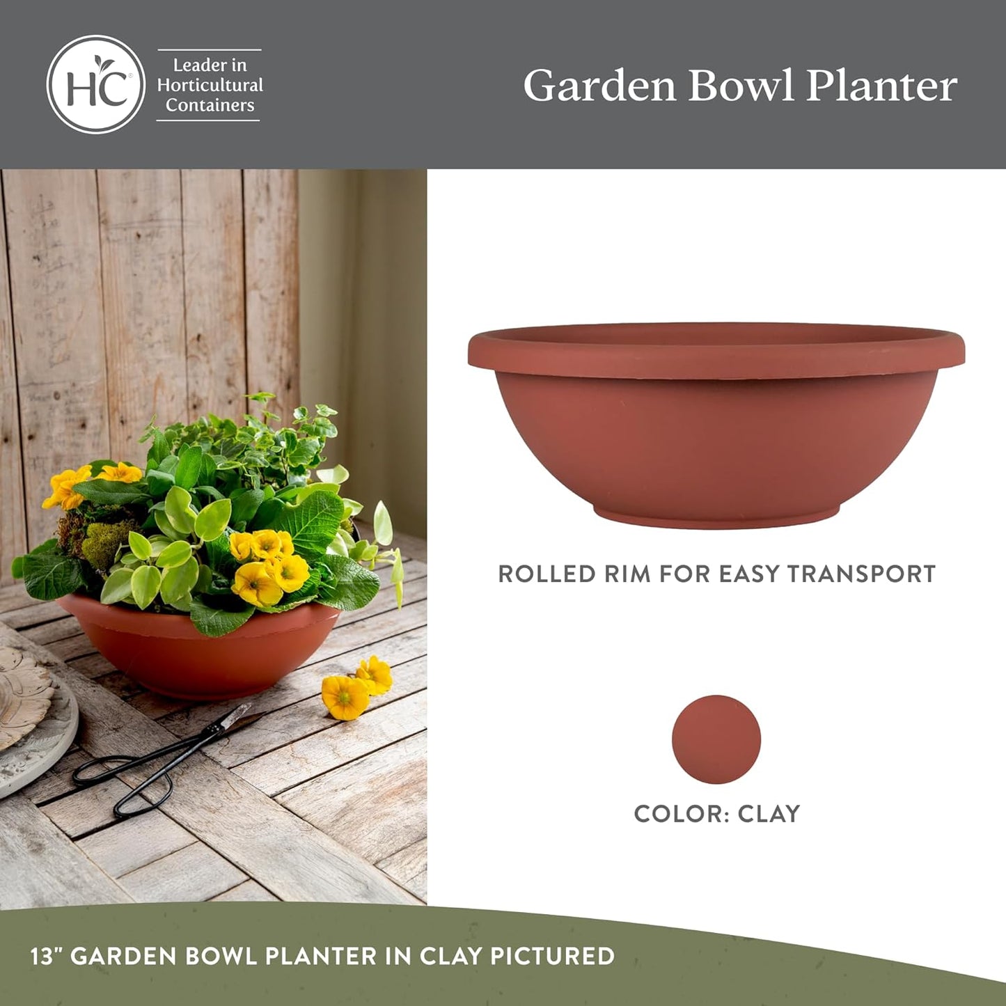 The HC Companies 13 Inch Garden Bowl Planter - Shallow Plant Pot with Drainage Plug for Indoor Outdoor Flowers, Herbs, Clay