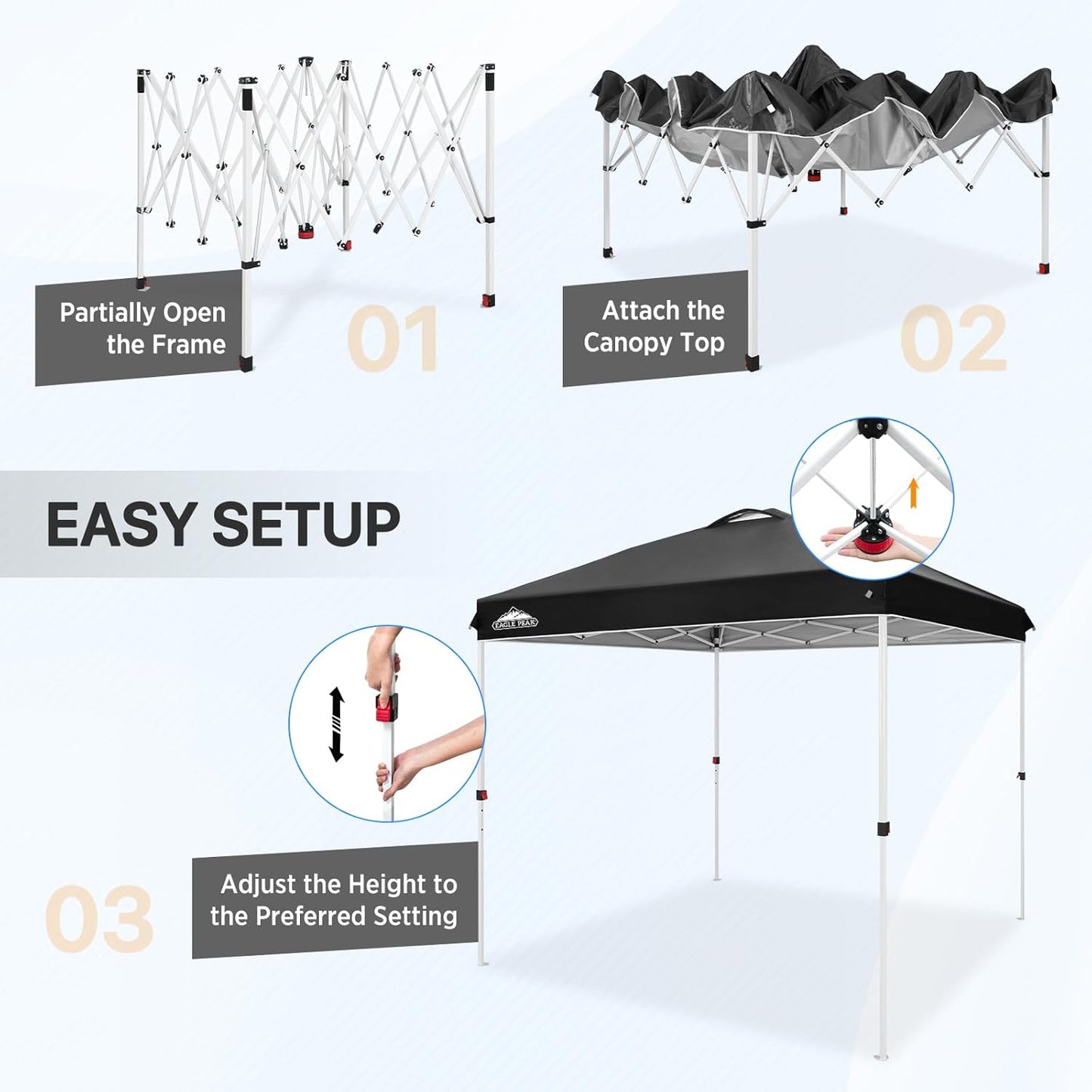 EAGLE PEAK Pop Up Canopy Tent with Wheeled Carry Bag, 8 Stakes, 4 Ropes, Easy Set Up Tent Canopy, 8x8 ft, Black