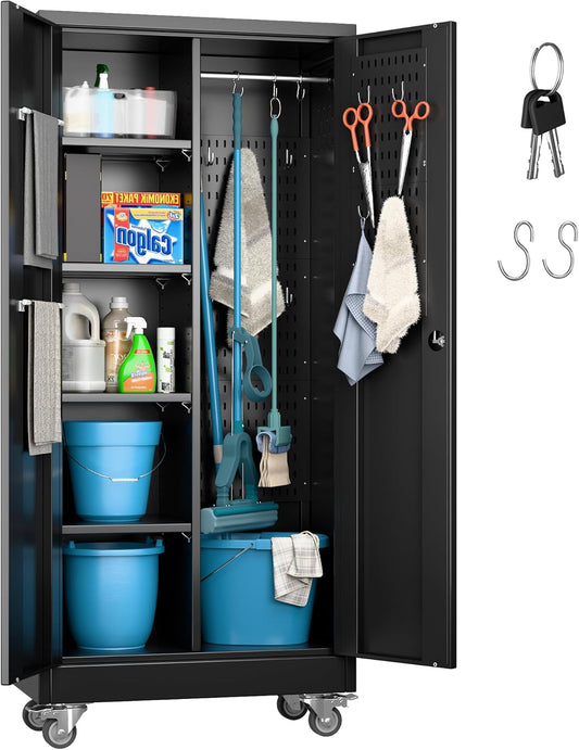 27.6 in Wide Garage Storage Cabinet with Wheels, Metal Storage Cabinet with Pegboards and 4 Adjustable Shelves, Garage Storage System with Lockable Door for Offices, Gyms and Pantries, Black