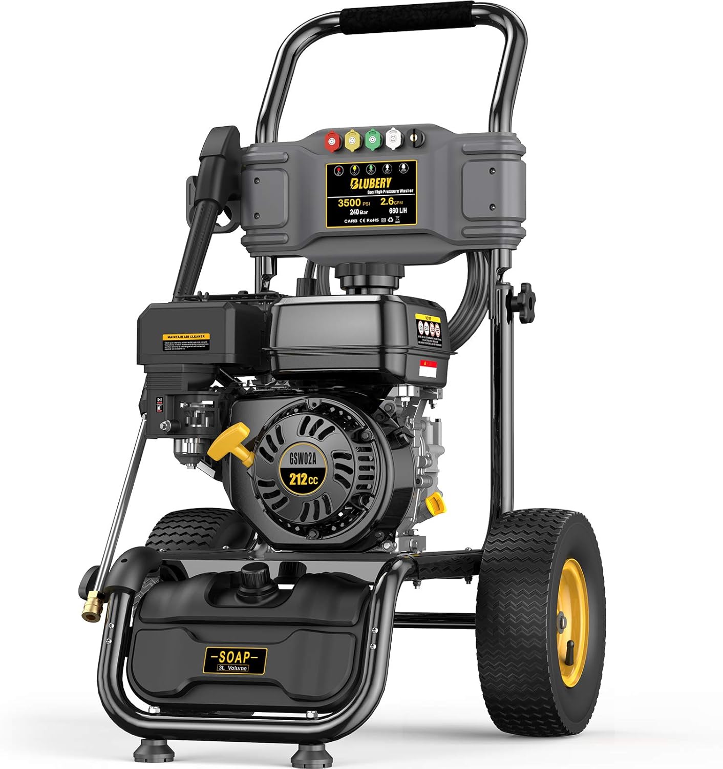BLUBERY 3500 PSI Gas Pressure Washer, 2.6 GPM Heavy Duty High Power Washer, 30Ft Pressure Hose&Soap Tank,5 Pressure Nozzles,Black