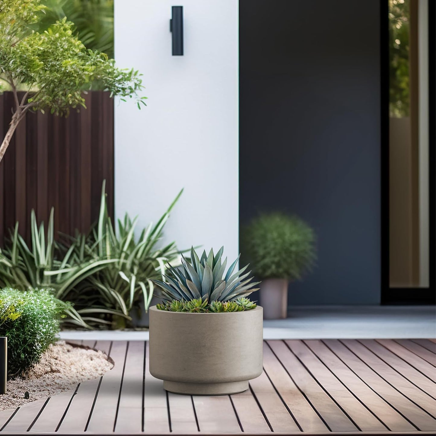 Kante 12.6 Inch Dia Concrete Planter, Round Pedestal Design Garden Pot for Indoor Outdoor Plants, Modern Flower Pot with Drainage Hole, Weathered Concrete Finish with Forest Green Interior