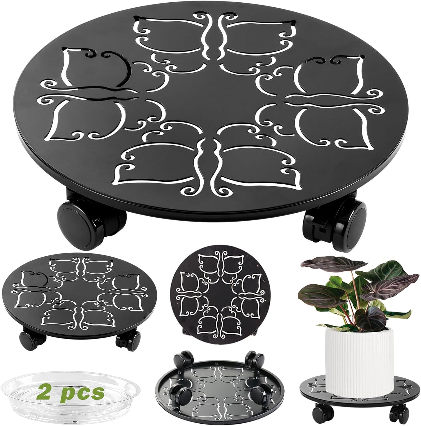2 Packs 14 inches Large Metal Plant Caddy with Wheels Round Planter Dolly Pot Mover Rollers Wrought Iron Rolling Plant Stands Indoor Outdoor Wheeled Plant Holder Coaster Trolley, Butterfly, Black