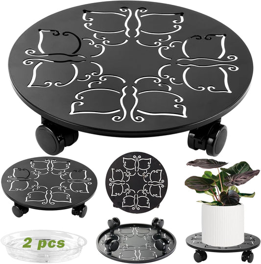 2 Packs 14 inches Large Metal Plant Caddy with Wheels Round Planter Dolly Pot Mover Rollers Wrought Iron Rolling Plant Stands Indoor Outdoor Wheeled Plant Holder Coaster Trolley, Butterfly, Black