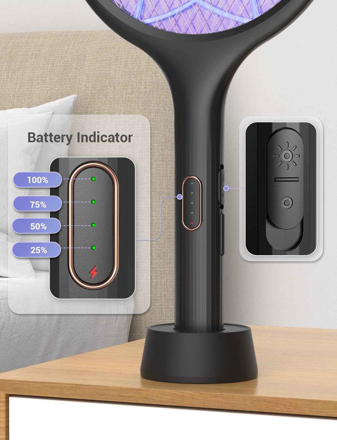 YISSVIC Electric Fly Swatter Bug Zapper Racket Dual Modes Mosquito Killer with Purple Mosquito Light Rechargeable for Indoor Home Office Backyard Patio Camping (Black 2 Pack)