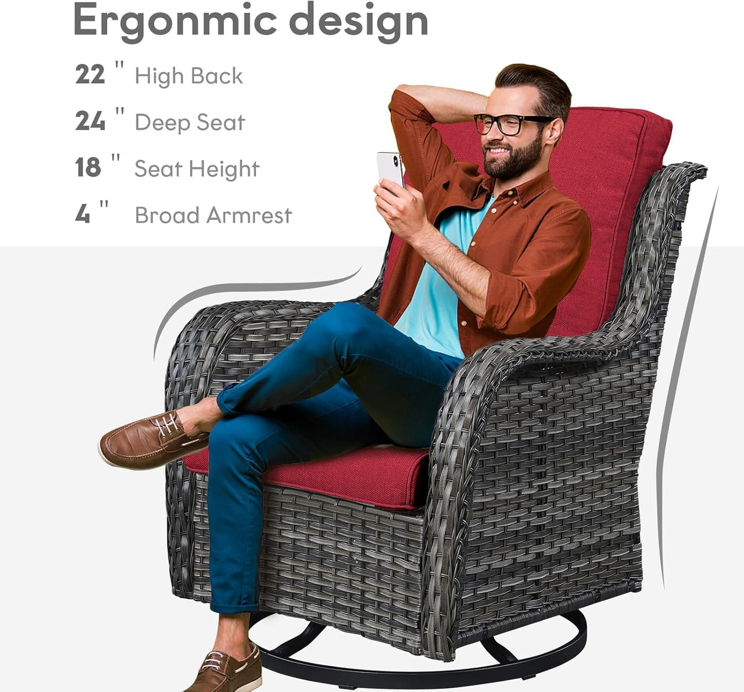 5 Pieces Patio Wicker Furniture Set - 4 Outdoor Swivel Rocker Glider Chairs with 50000BTU Propane Fire Pit Table, Warm Patio Conversation Set Red Cushion Perfect for Casual Gathering