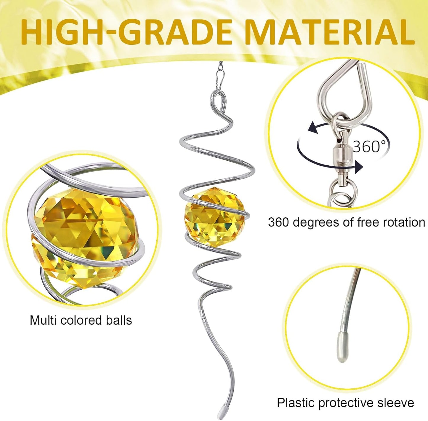 Gazing Ball Spiral Wind Spinner Tail - Golden Crystal Glass Ball | Wind Spinners Stabilizer with S Hook | Hanging Rotating Art for Garden Patio Indoor/Outdoor Creative Ornament & Gift, 13in