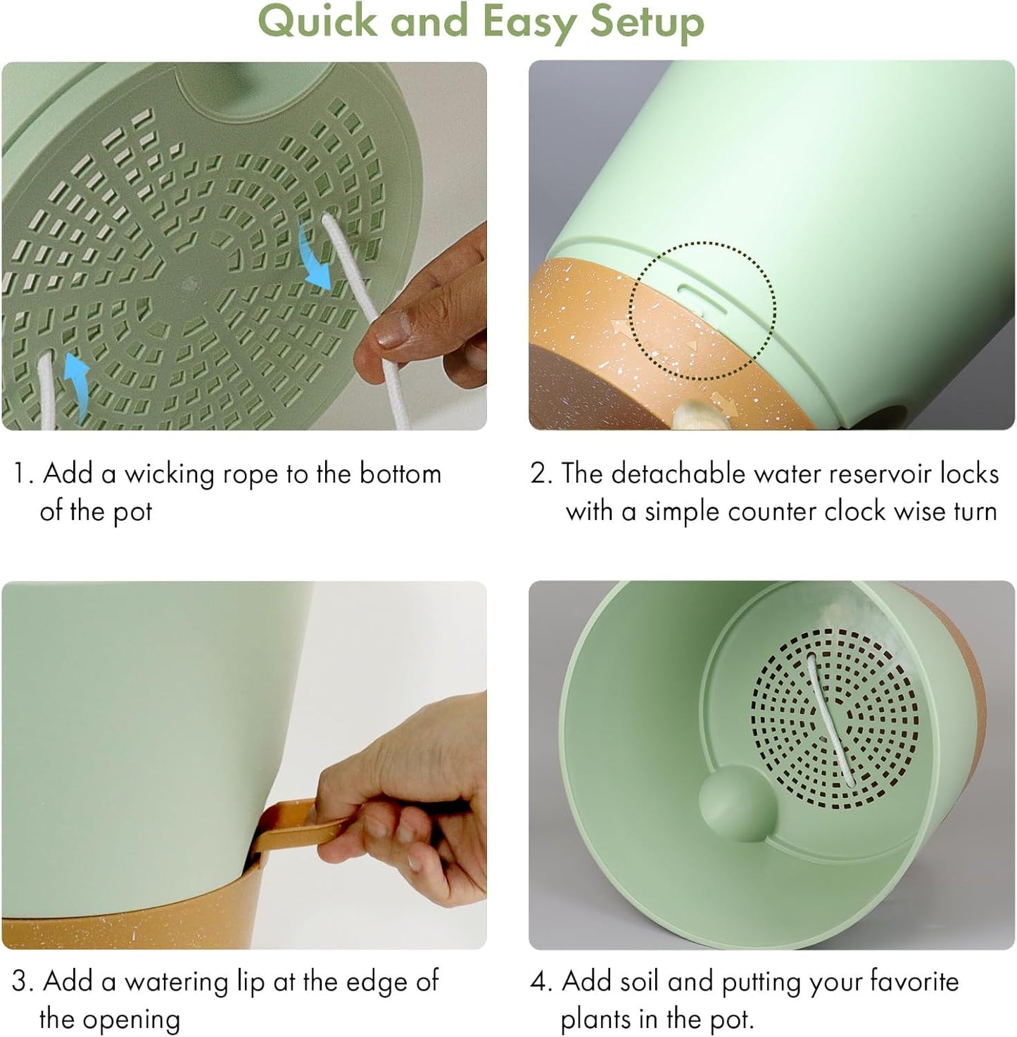 7/6.5/6/5.5/5/4 inch Self Watering Pots for Indoor Outdoor Plants, 6 Pack Plastic Flower Planters with Drainage Holes and Removable Saucers, Plant Pots with Wicking Rope, Green Brown