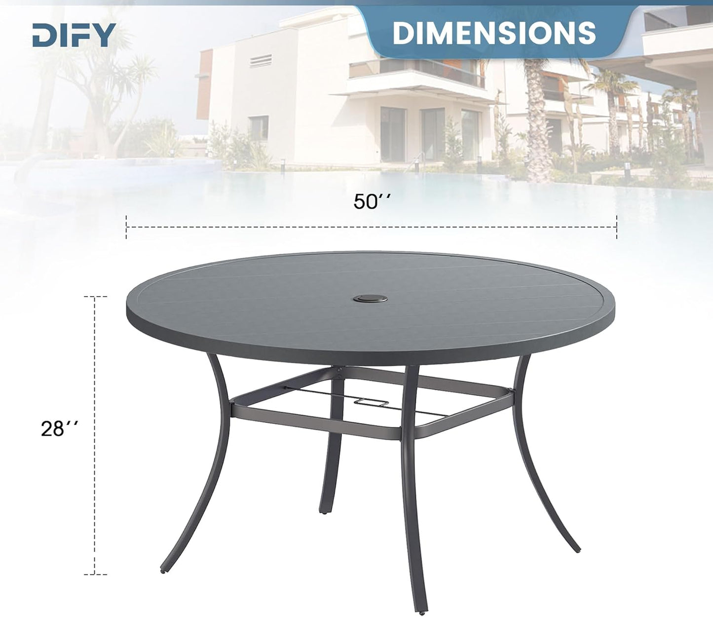 DIFY 50" Round Outdoor Patio Dining Table for 6, Metal Patio Table with 1.57" Adjustable Umbrella Hole, All-Weather Dining Furniture Table for Backyard Lawn Garden, Grey
