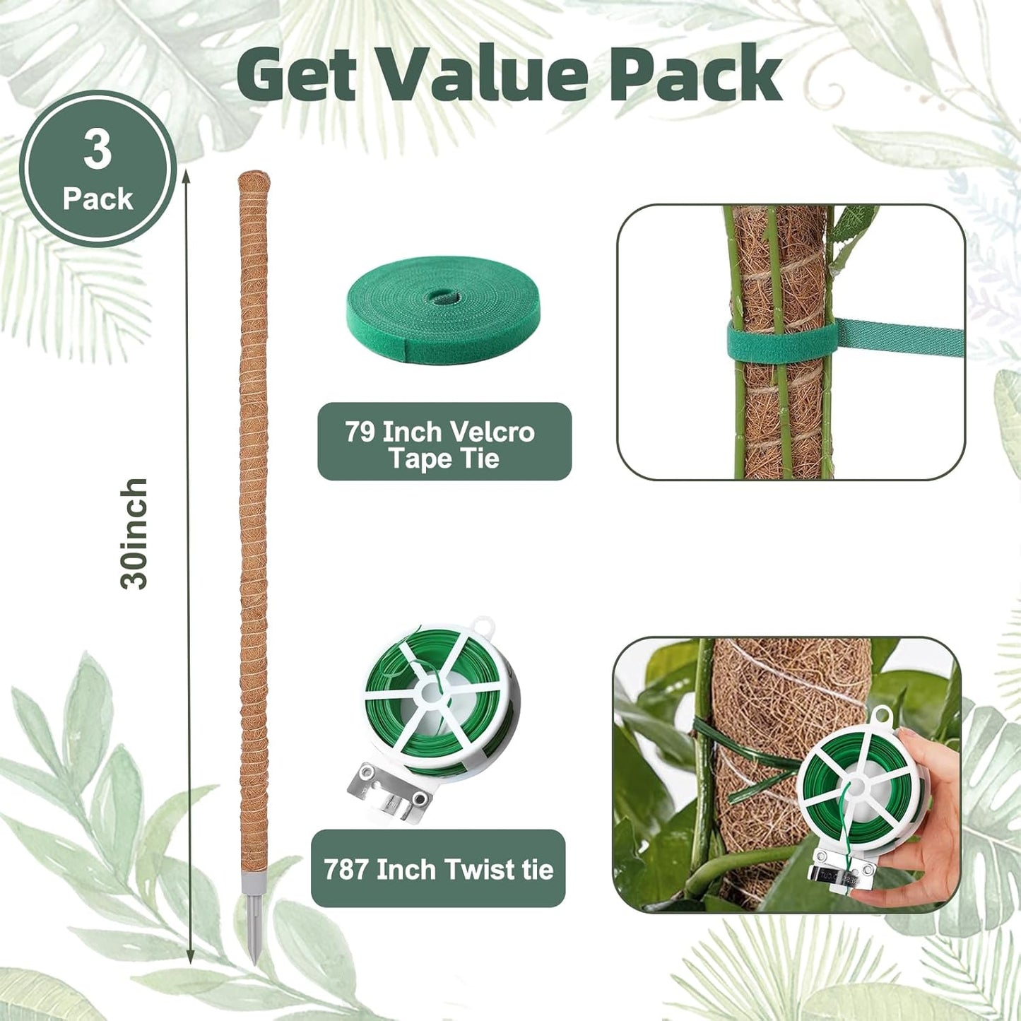 3 Pack Moss Pole, 30 Inch Monstera Plant Support， Moss Poles for Climbing Plants Indoor DIY, Coco Coir Plant Pole Moss Plant Stick Support Stake Kit for Potted Plants, Pothos, Philodendron