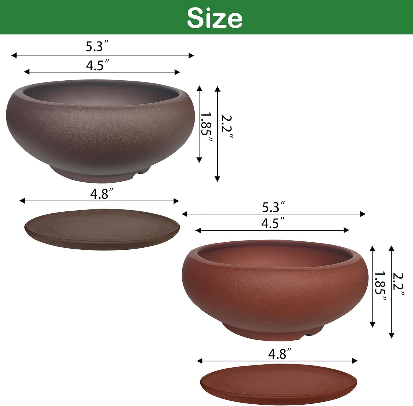 MUZHI 5.3” Round Ceramic Bonsai Starter Pots with Trays Set of 2 Brown and Red, Small Vintage Unglazed Succulent Pots with Saucers Minimalist Classic Mame Bonsai Planter with Drainage