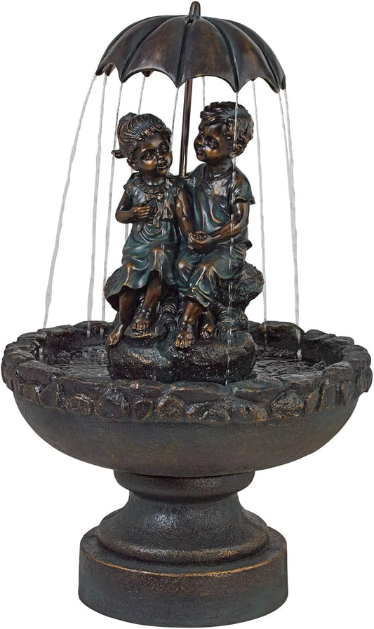 Boy and Girl Under Umbrella 40" High Large Rustic Indoor Outdoor Decor Bronze Floor Fountain Standing Waterfall Basin Water Feature for Outside Garden Patio Yard Backyard Porch Deck - John Timberland