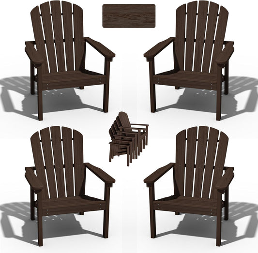 Stackable Adirondack Chair Set of 4, HDPE Outdoor Patio Chair - Durable and Space Saving, Suitable for Porches, Lawns or Garden, Coffee