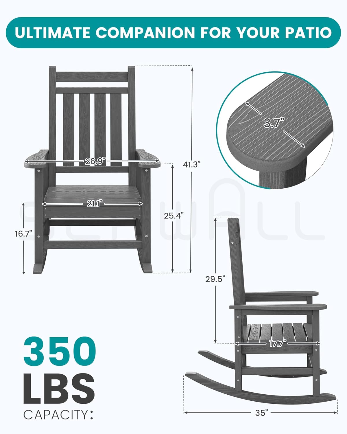 SERWALL Oversized Outdoor Rocking Chair Set of 4, HDPE Rocker for Adults, Patio Rocking Chairs for Porch, Grey