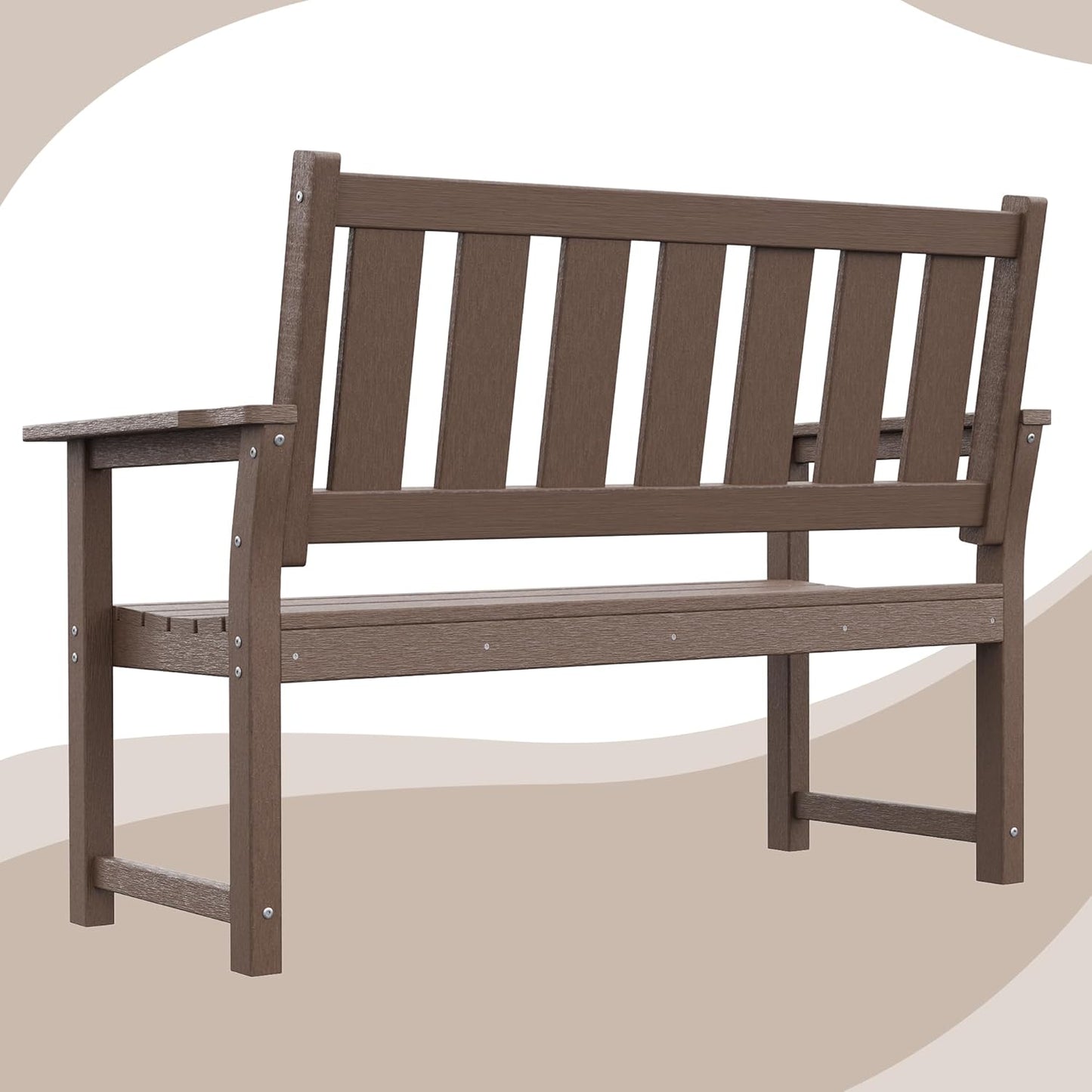 HDPE Memorial Bench – 50'' Weatherproof Durable Outdoor Bench, 2-Person Park Bench, Easy to Move, Multi-Purpose Design Ideal for Porch, Patio, Church, and School (Brown)