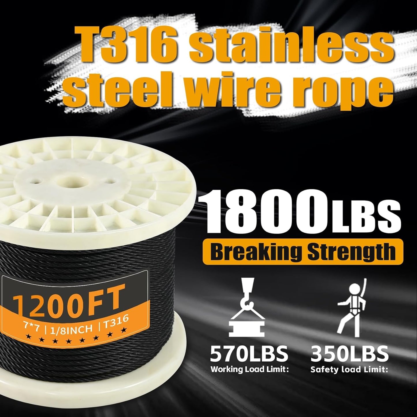 1200FT 1/8" Stainless Steel Cable Black 7x7 Strands Aircraft Cable T316 Wire Rope with Cable Cutter 1800lbs Breaking Strength for Deck Cable Railing, Stair, Fence, DIY Balustrades