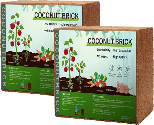 Premium Coco Coir Brick, 11Lbs High Nutrient Compressed Coconut Soil, OMRI 100% Organic Low EC & PH Balanced Potting Soil for All Plants Gardening, Hydroponics and Reptile Substrate 2-Pack