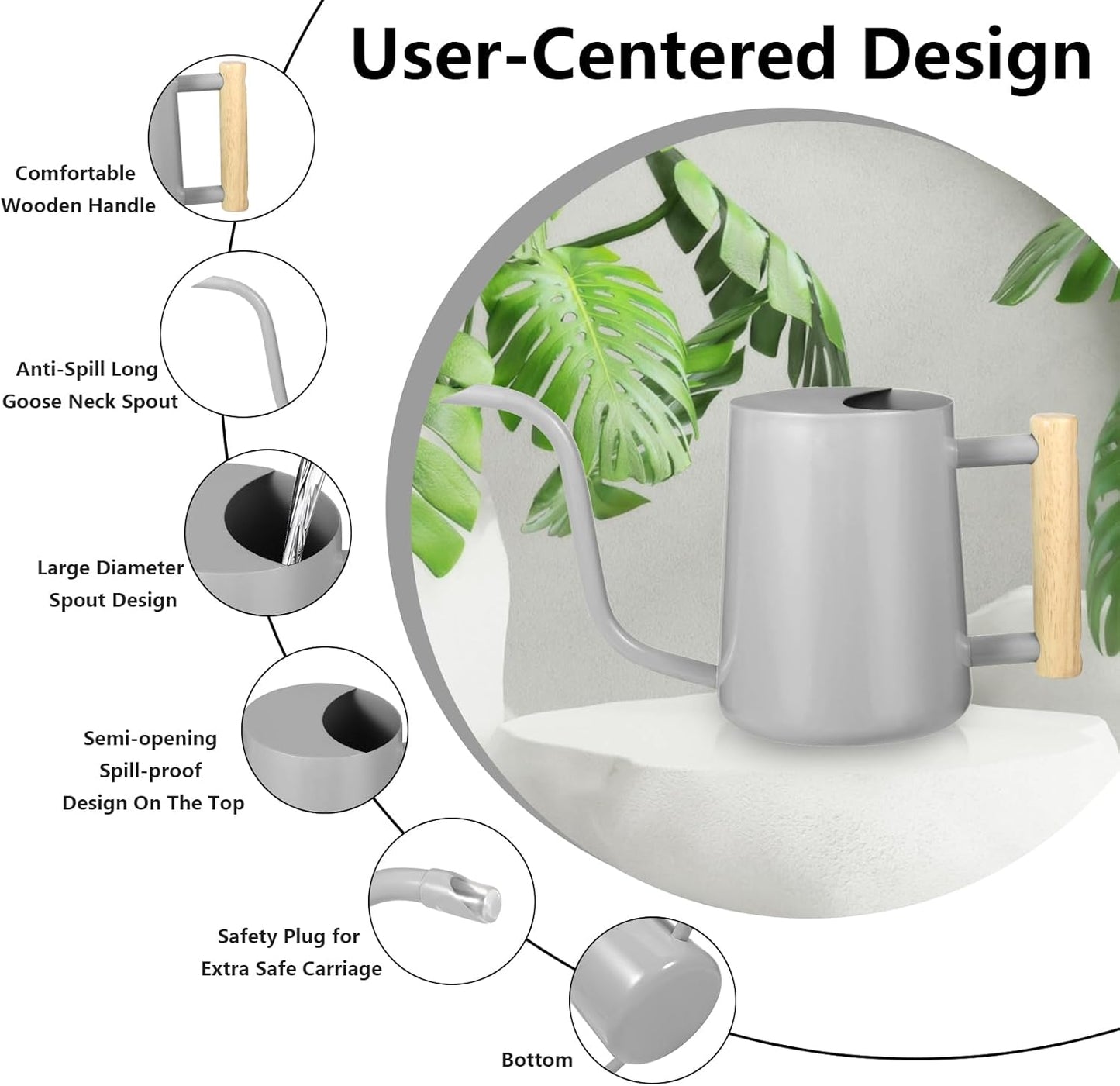Watering Can Indoor Plants, 35oz Small Indoor Stainless Steel Metal Watering Can Modern Decorative Watering Pot with Long Spout for Indoor House Plant Bonsai Garden Flowers (Gray)