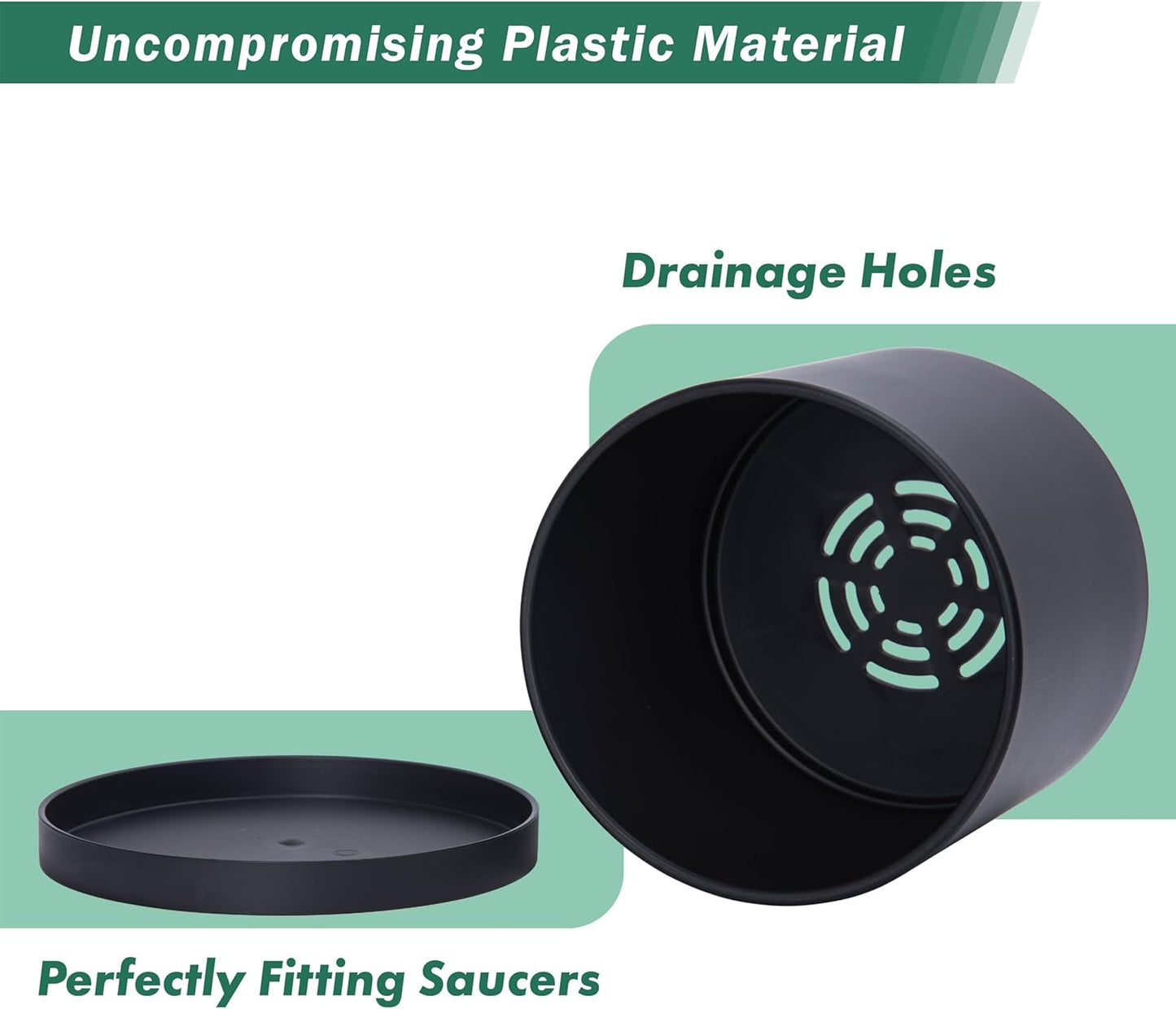 D'vine Dev 8 Inch Plastic Planter Pots for Plant Pot with Drainage Hole and Seamless Saucers, Black Color, 74-X-B-1