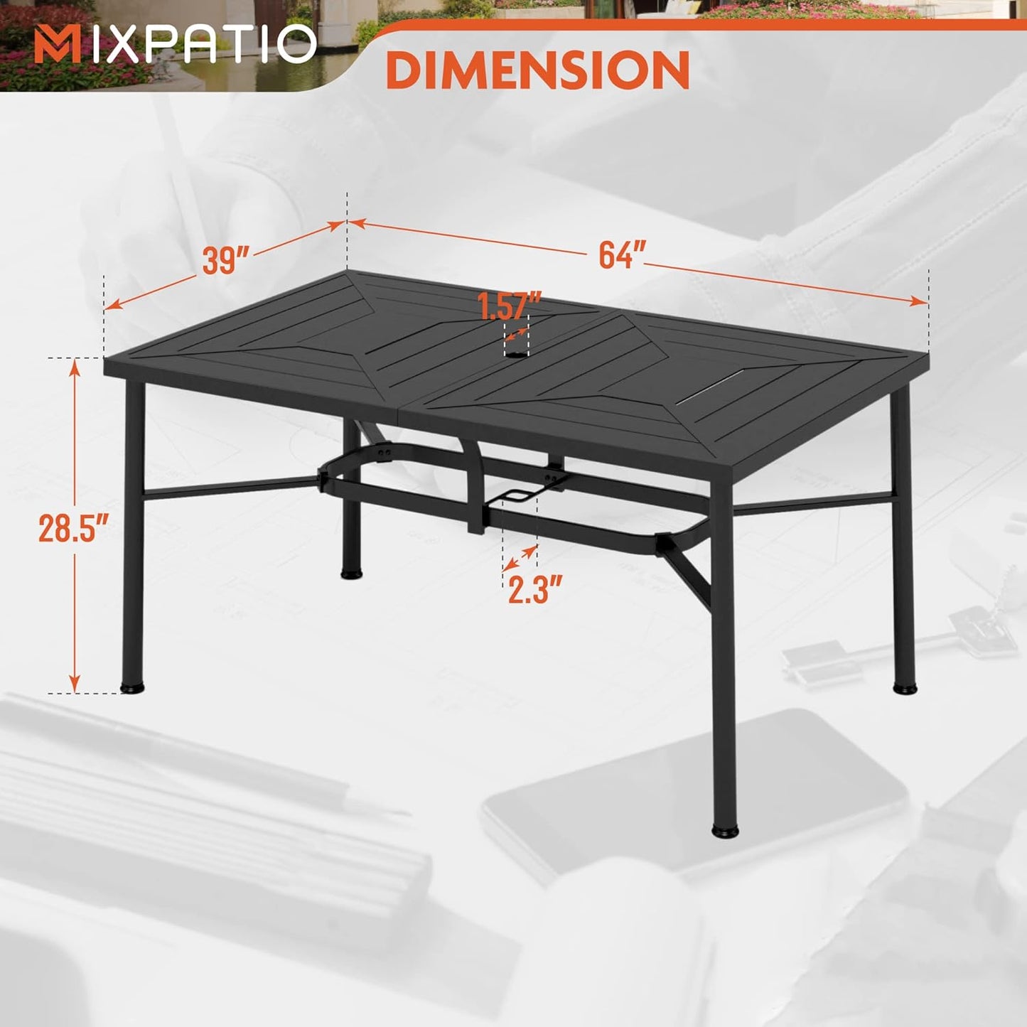 Outdoor Patio Dining Table for 6, 64" x 39" Rectangular Metal Patio Dining Table with Umbrella Hole for Garden, Backyard and Porch