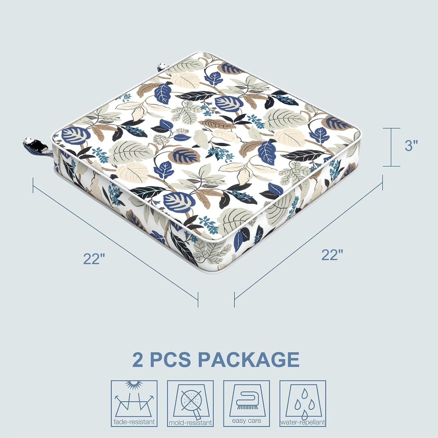 LVTXIII Patio Chair Cushions 22"x22"x3", Water-Repellent Outdoor Seat Cushions for Patio Furniture, Square Chair Pads with Ties for Home Garden Decoration, Set of 2, Breeze Leaves Beige