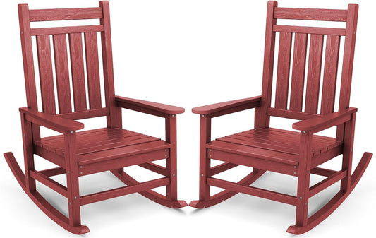 SERWALL Oversized Outdoor Rocking Chair Set of 2, HDPE Rocker for Adults, Patio Rocking Chairs for Porch, Crimson Red
