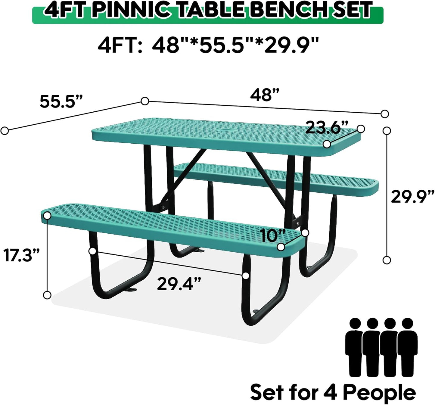 4FT Metal Picnic Tables for Outdoors, Commercial Rectangular Picnic Table and Bench Set for Outside, Patio, Garden, Backyard, Porch, Surface Mount, Green